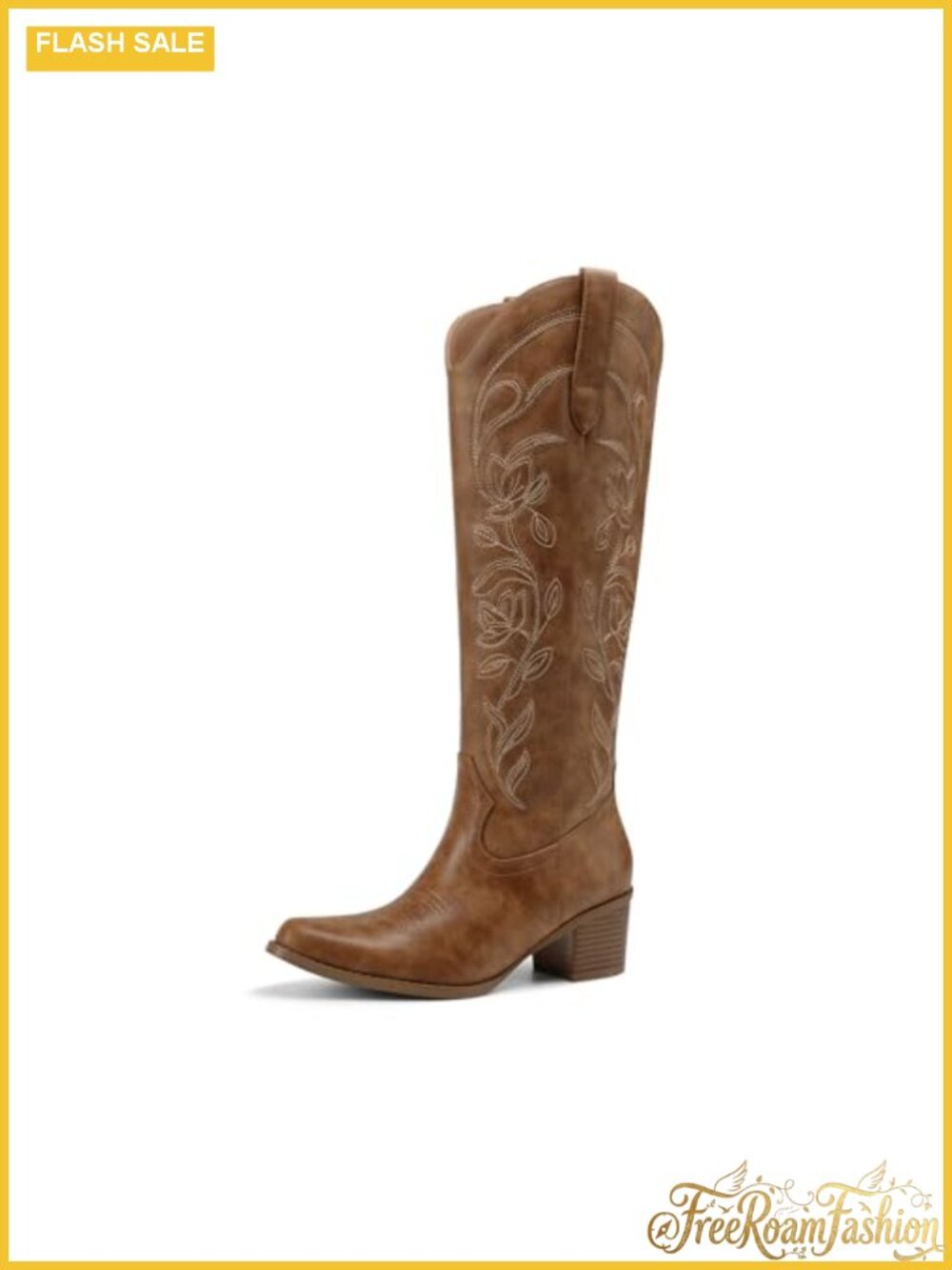 Knee High Western Boots with Floral Embroidery Faux Leather Square Toe